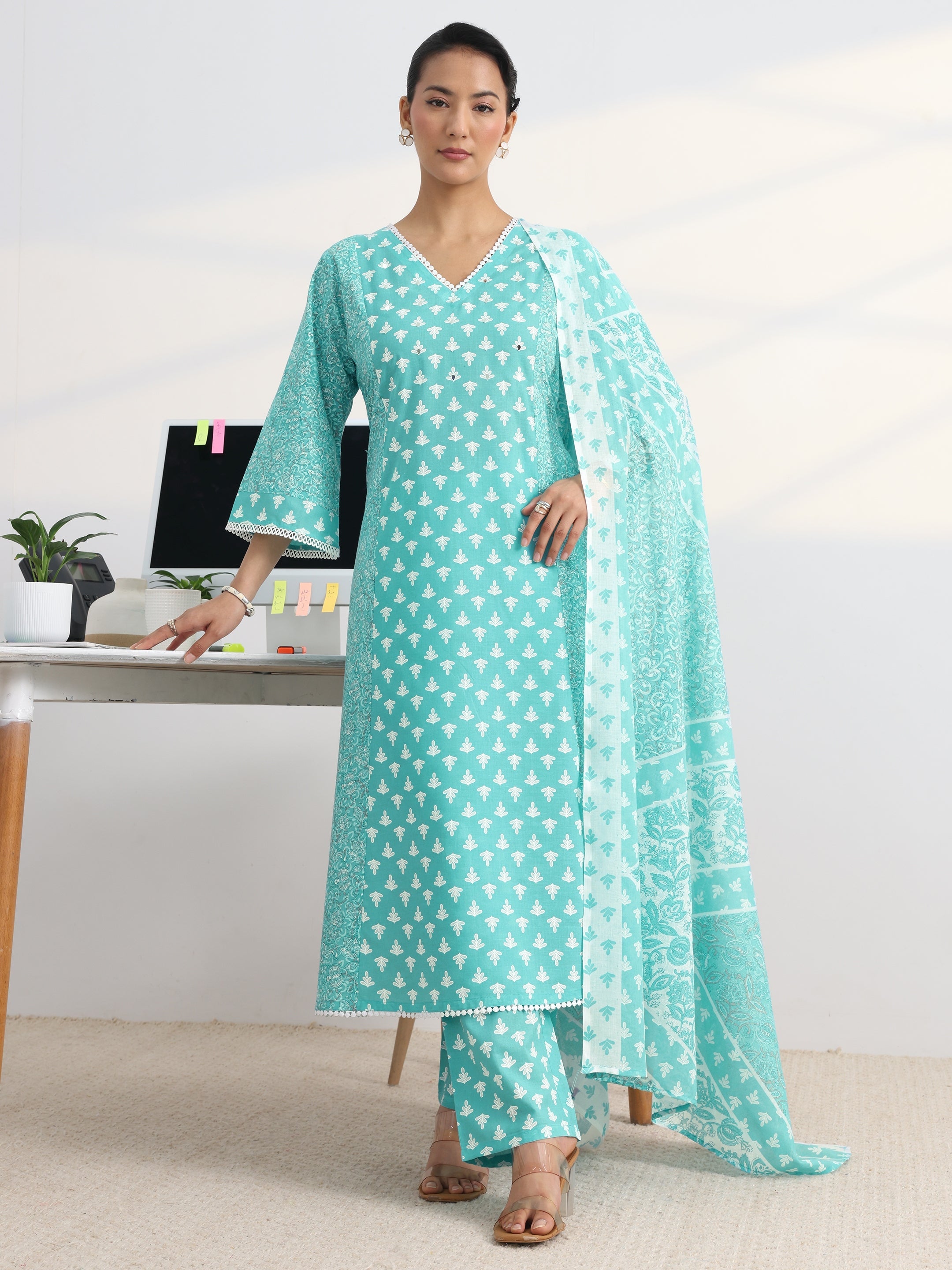 libas Blue Floral Printed Cotton Blend A-Line Suit Set With Dupatta-picture-36