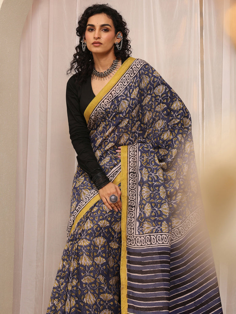 Libas Blue Floral Printed Cotton Blend Saree With Unstitched Blouse Piece