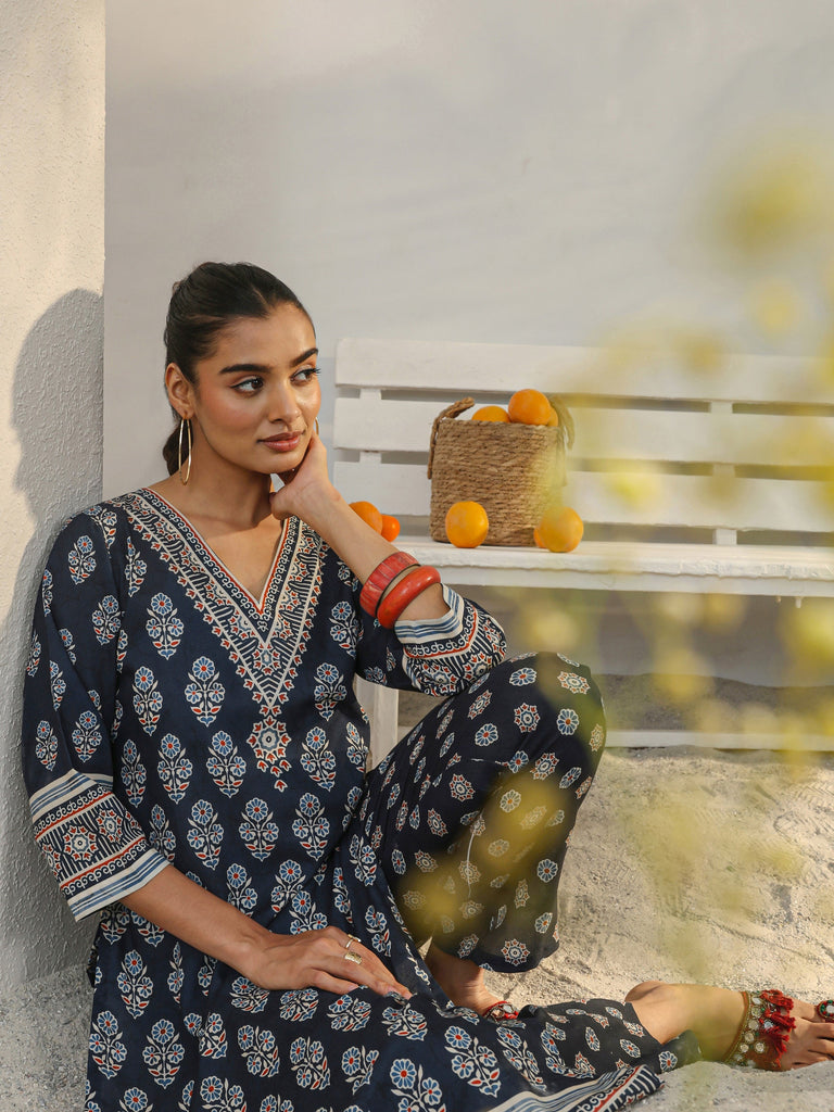 Libas Blue Floral Printed Cotton Blend Straight Kurta Set