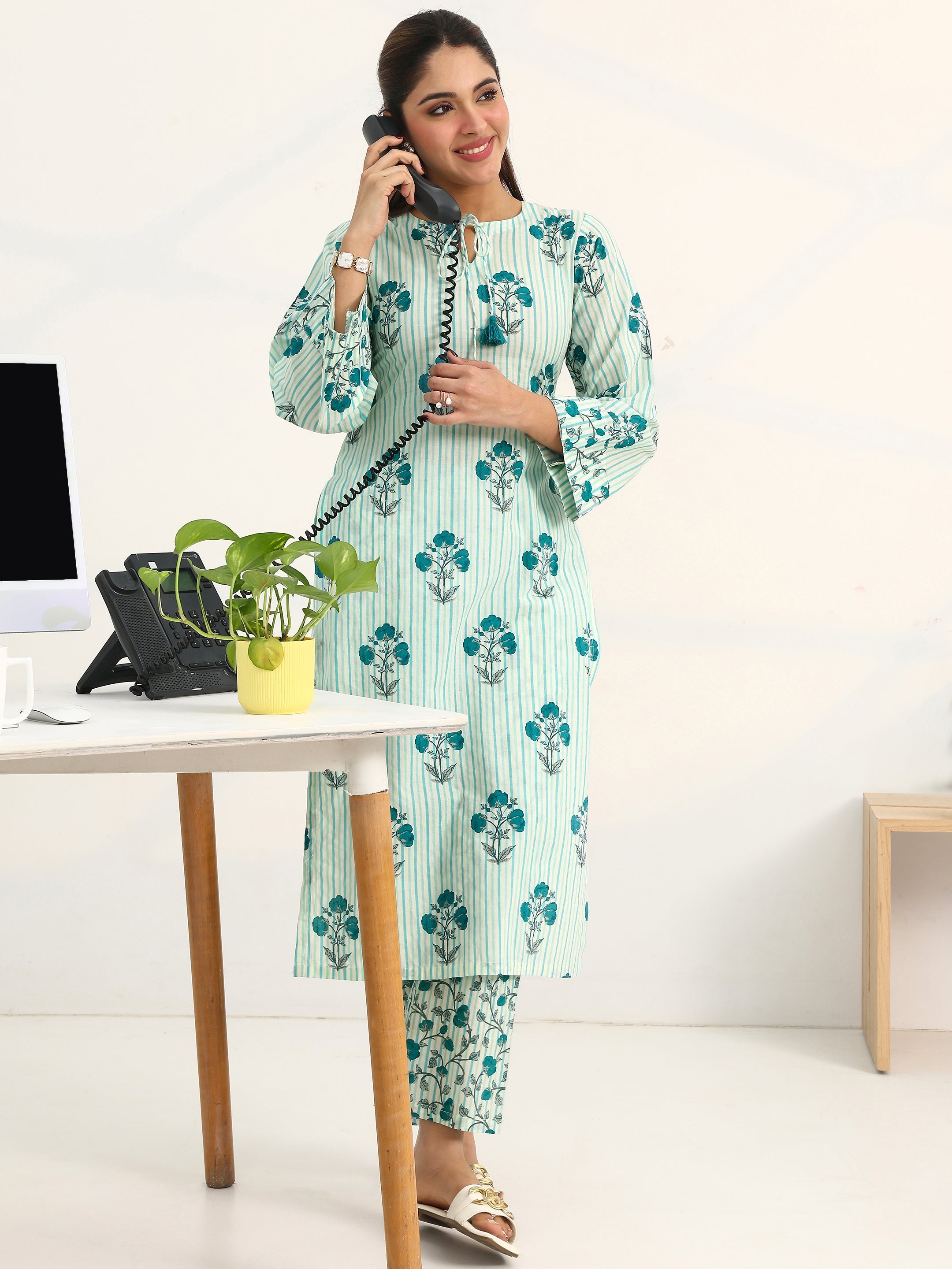 libas Blue Floral Printed Cotton Blend Straight Kurta Set-picture-29