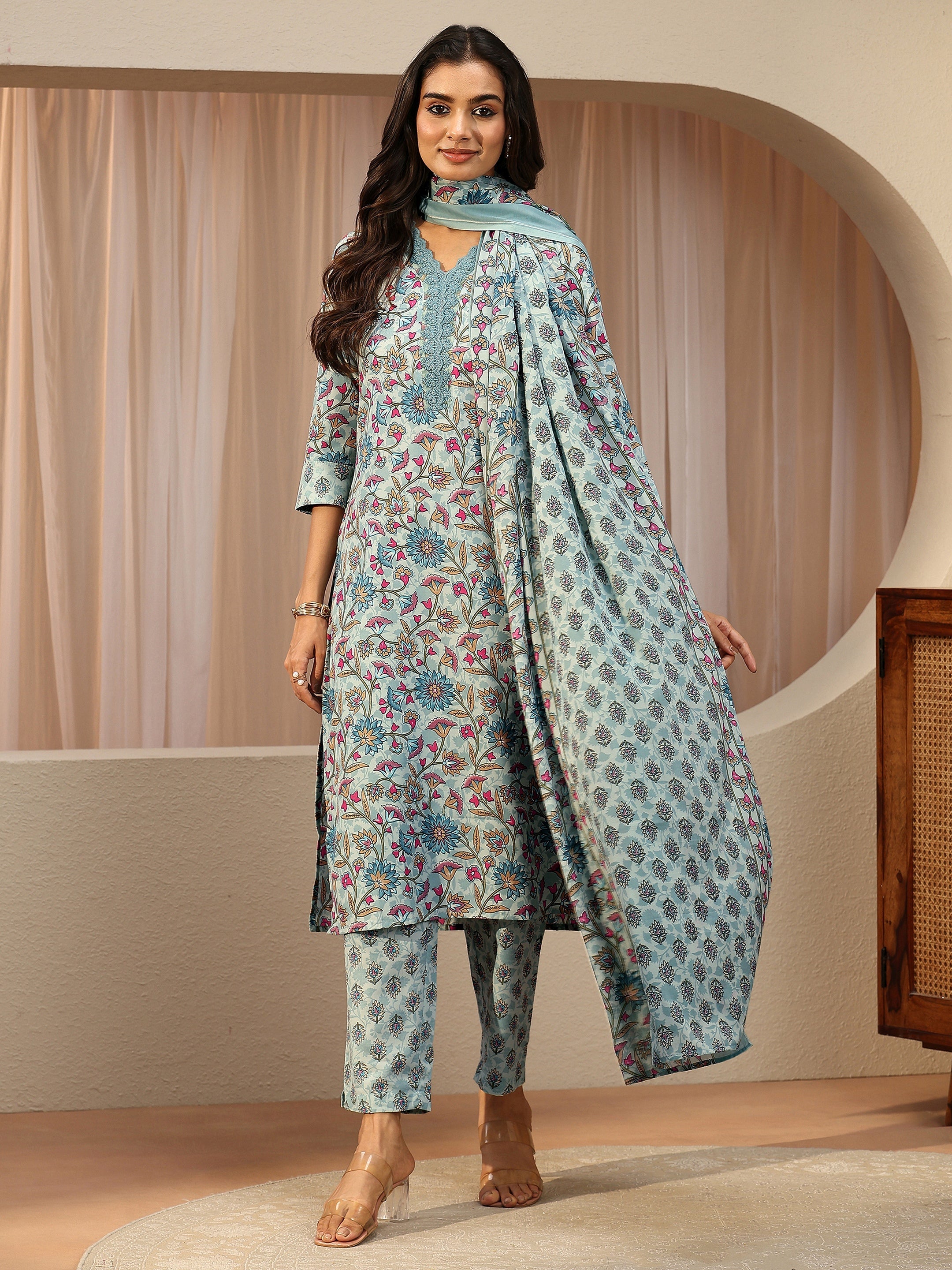 libas Blue Floral Printed Cotton Blend Straight Suit Set-picture-19