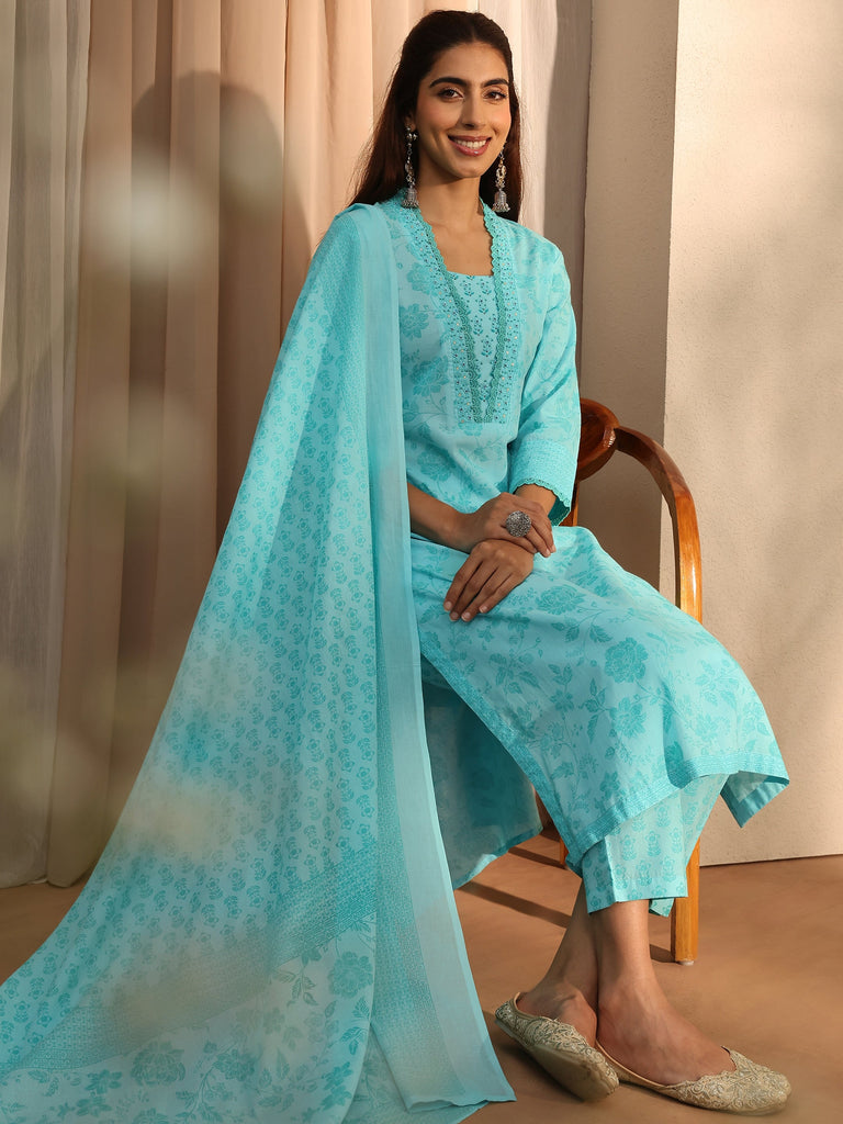Libas Blue Floral Printed Cotton Blend Straight Suit Set With Dupatta
