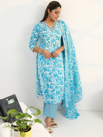 Blue Floral Printed Cotton Blend Straight Suit Set With Dupatta
