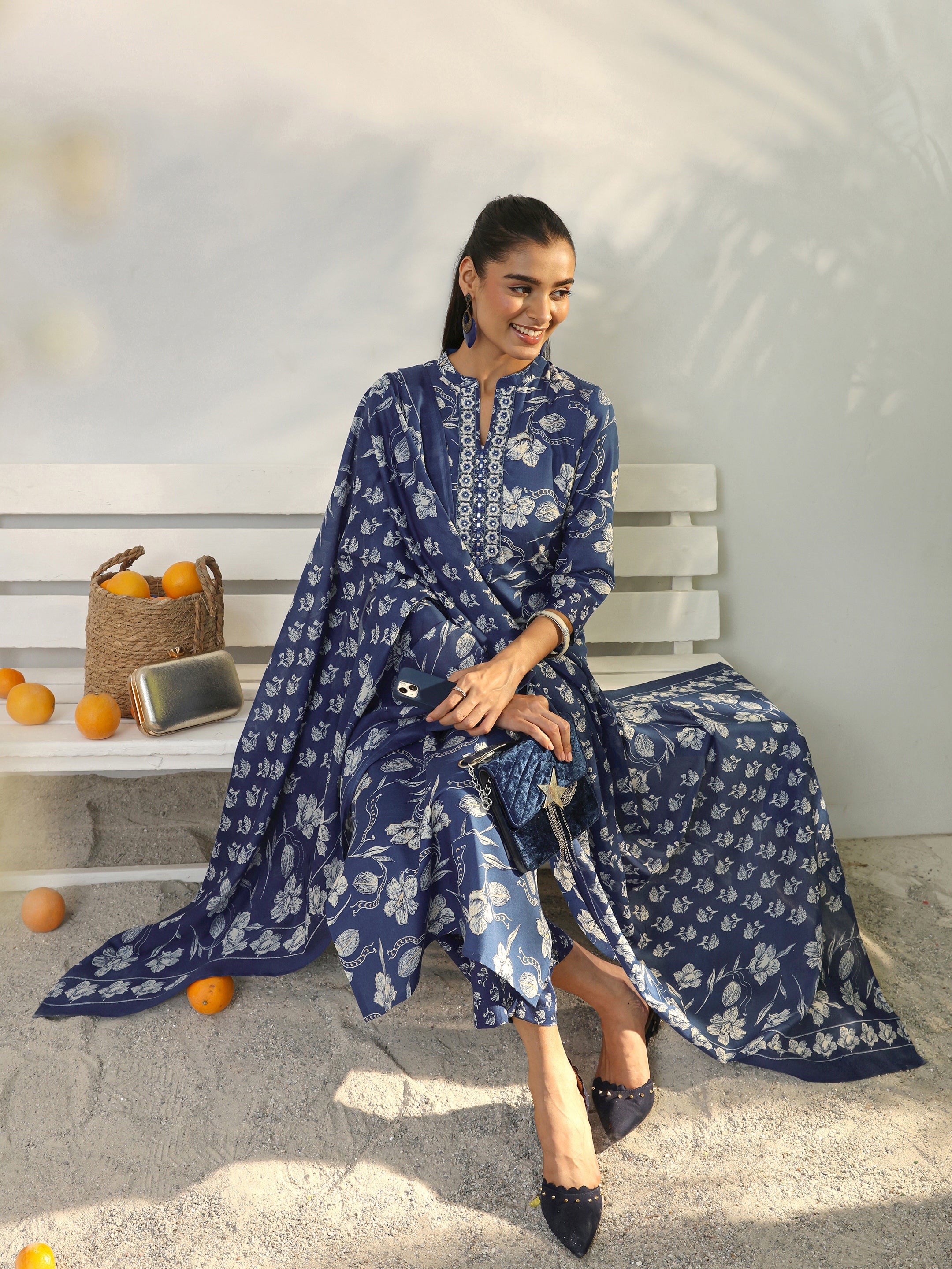 libas Blue Floral Printed Cotton Blend Straight Suit Set With Dupatta-picture-23