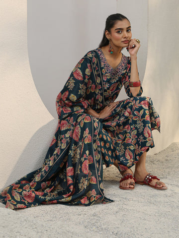 Blue Floral Printed Cotton Blend Straight Suit Set With Dupatta