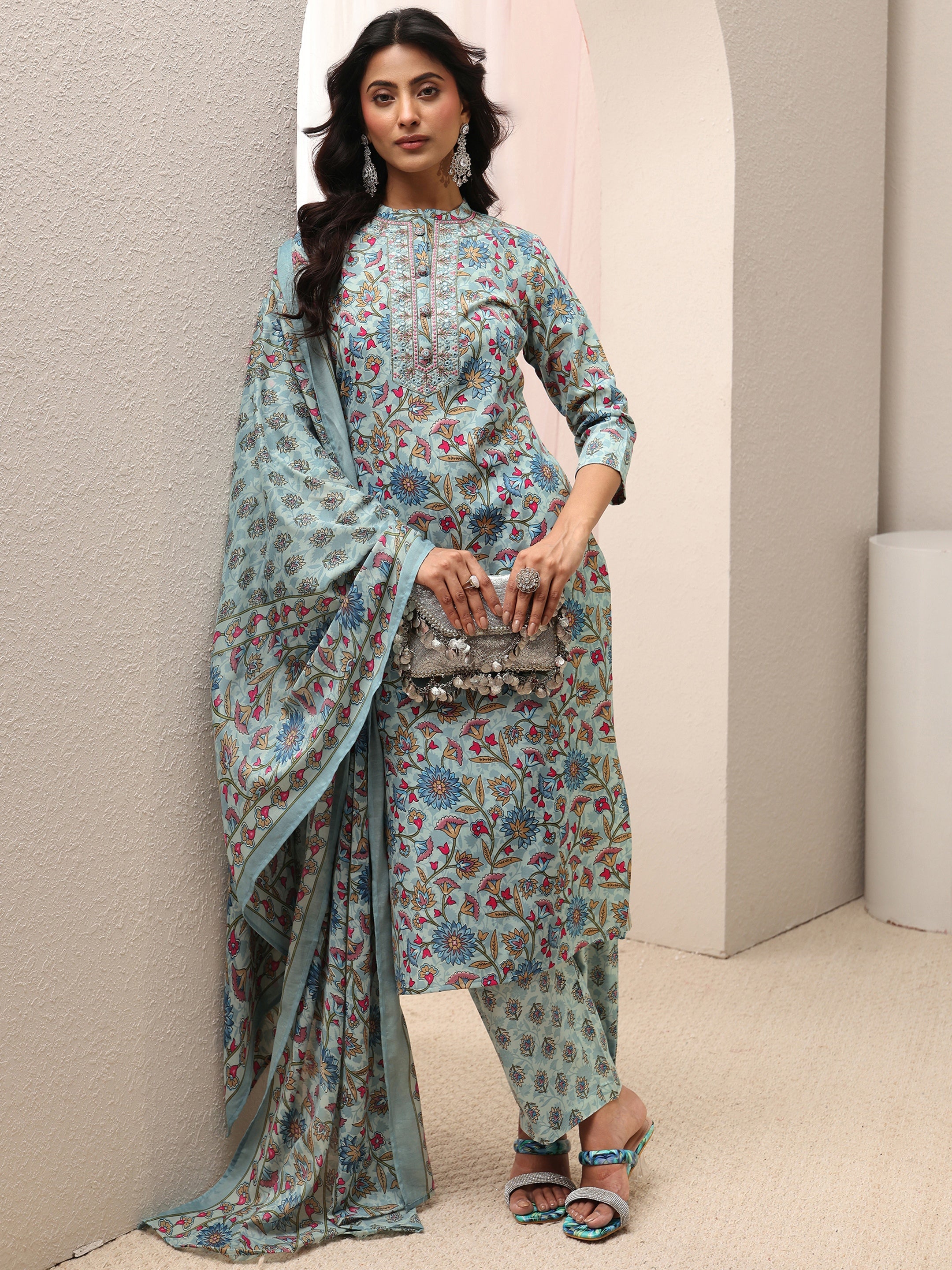 libas Blue Floral Printed Cotton Blend Straight Suit Set With Dupatta-picture-26