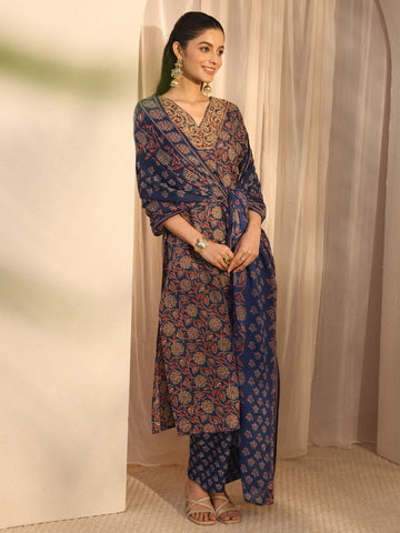 Gerua Blue Floral Printed Cotton Blend Straight Suits Set With Dupatta