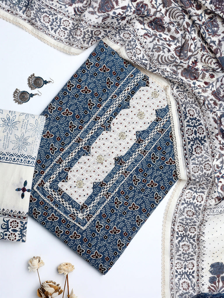 Libas Blue Floral Printed Cotton Dress Material With Dupatta