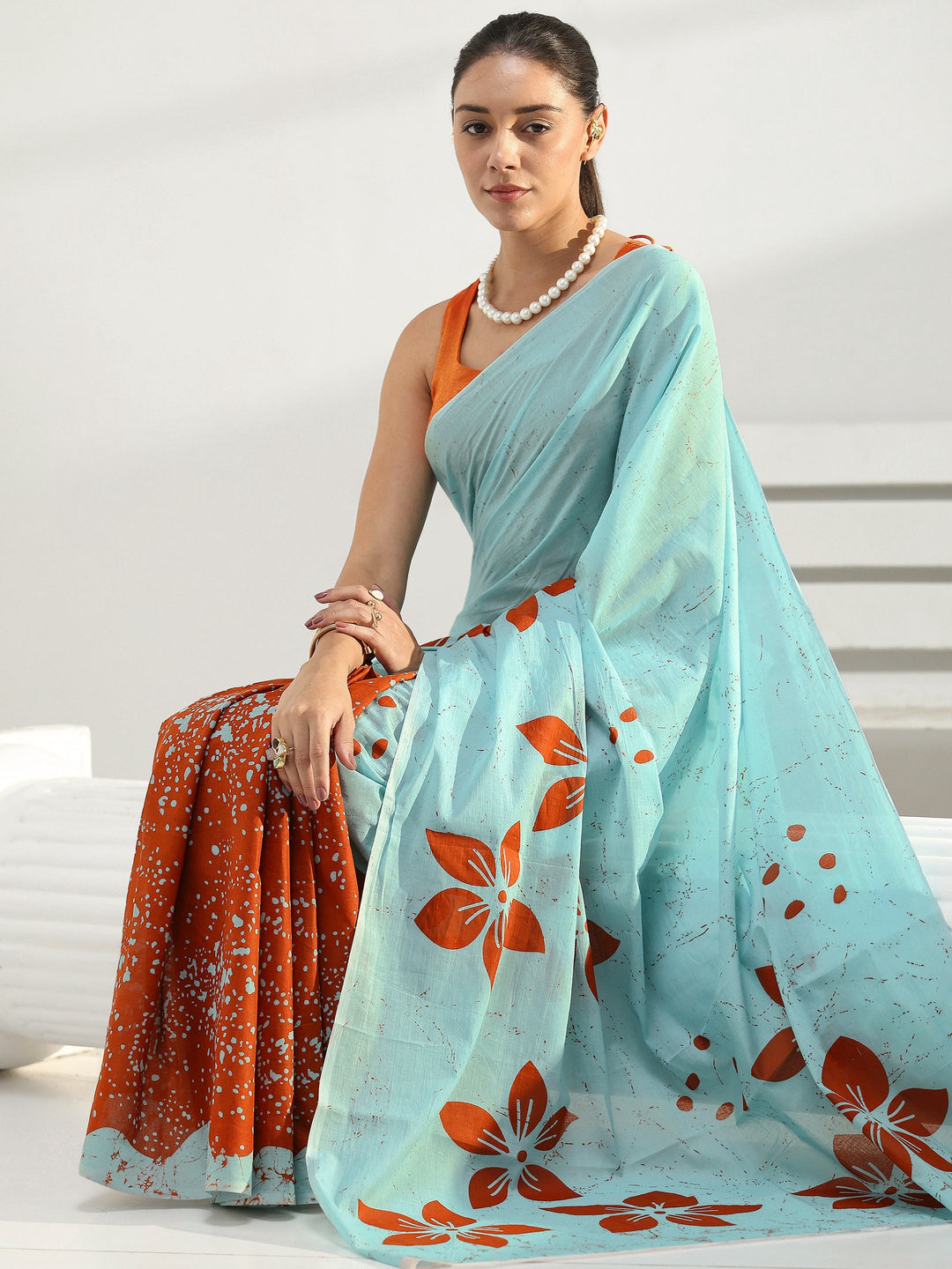  Blue Floral Printed Cotton Saree 