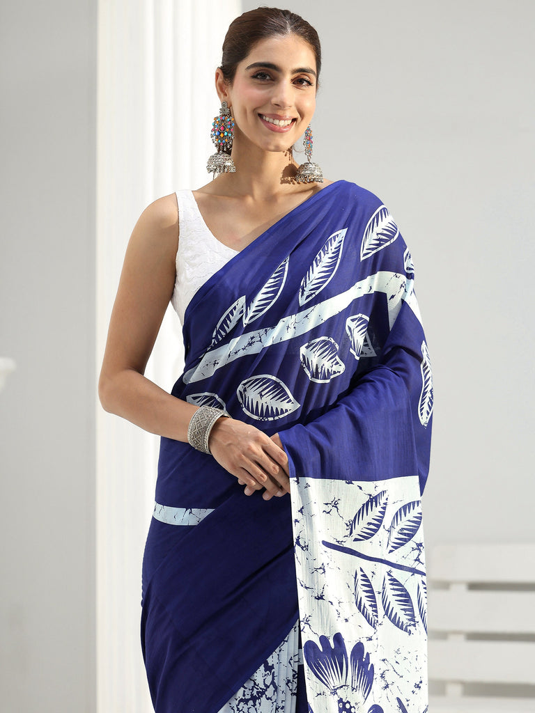 Libas White and Blue Floral Print Cotton Saree