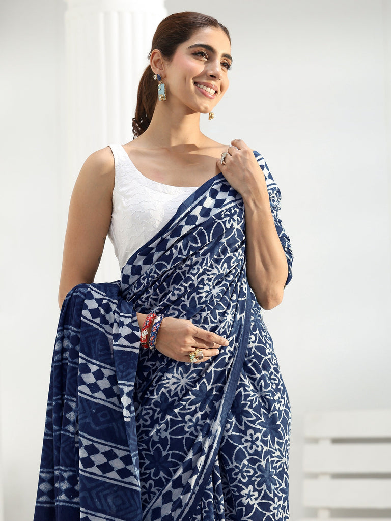 Libas Indigo Floral Dabu Print Cotton Saree