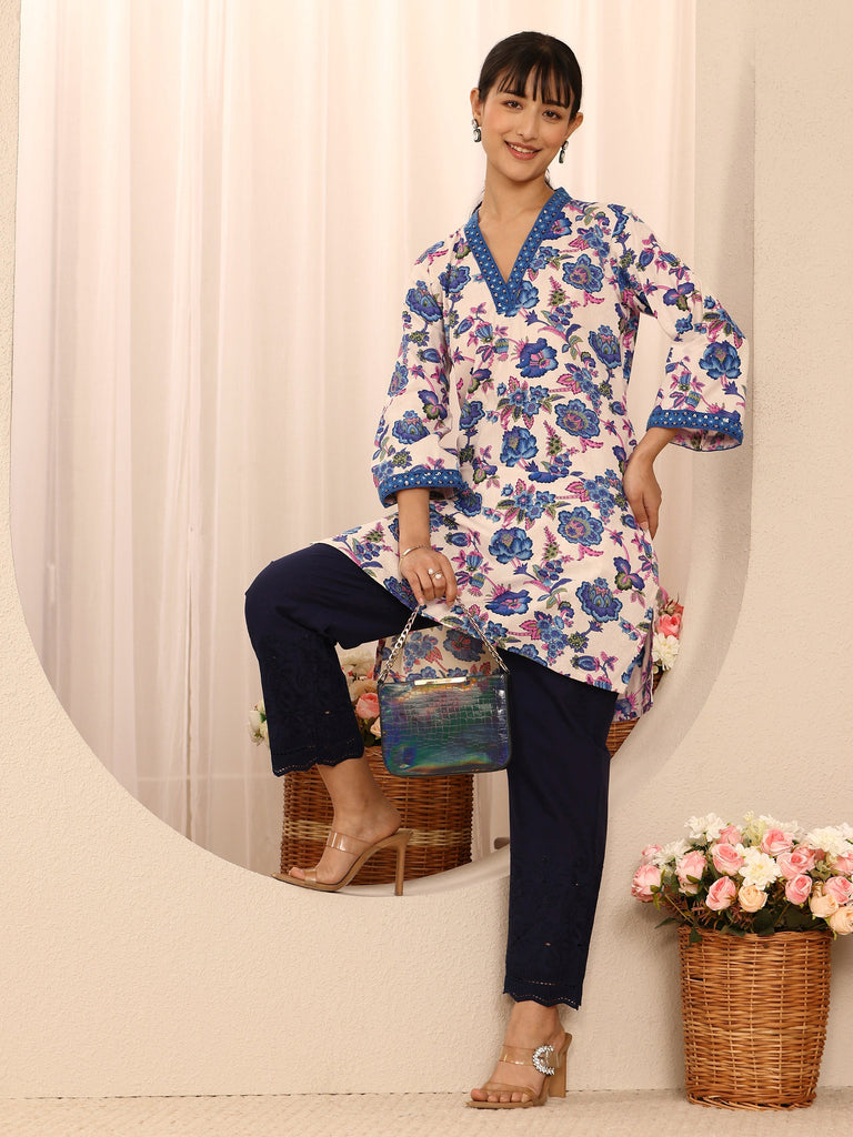Libas Blue Floral Printed Cotton Straight Kurta
