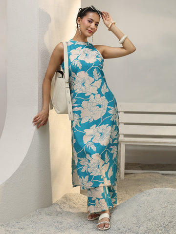 Blue Floral Printed Cotton Straight Kurta Set