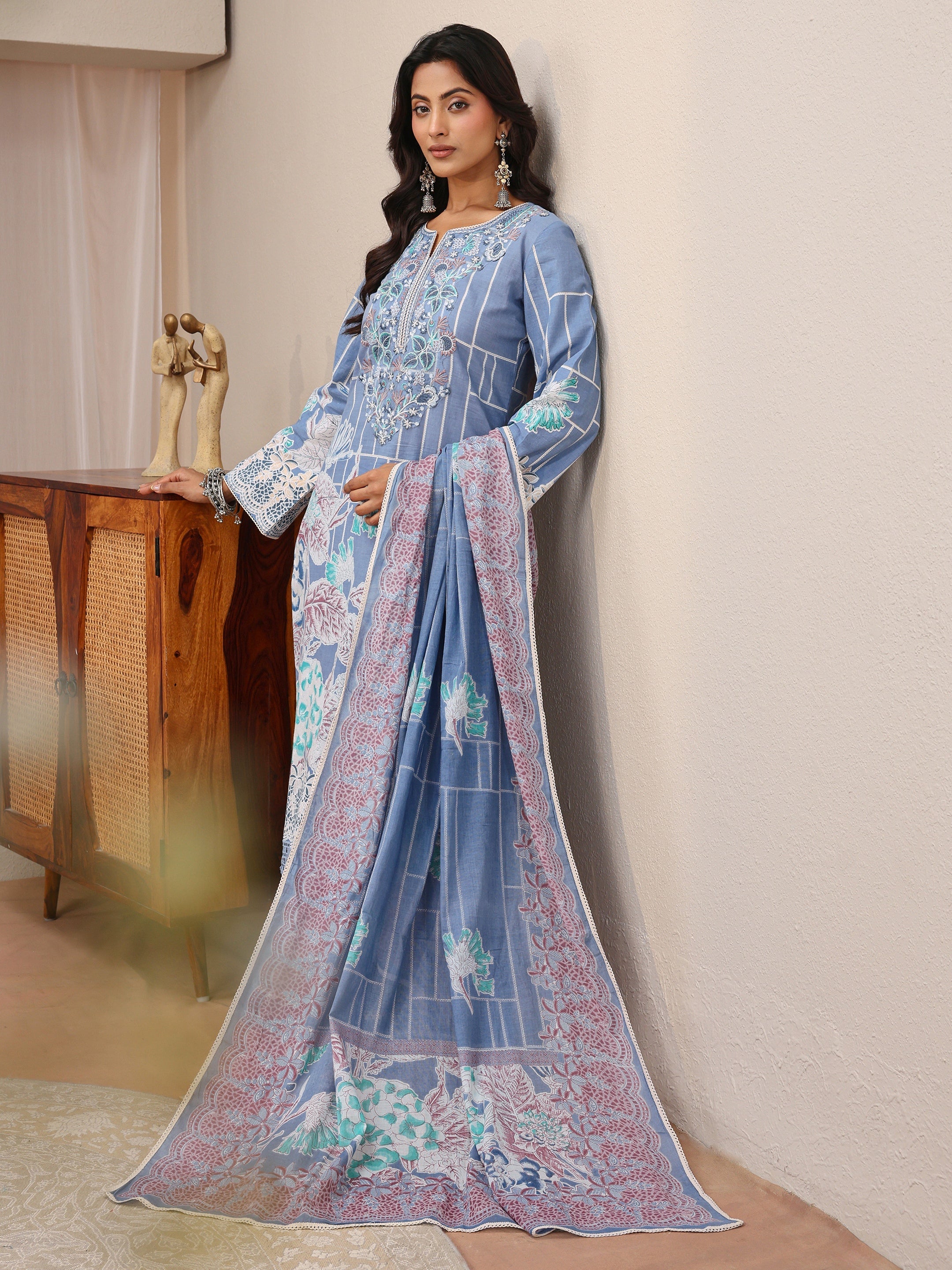 libas Blue Floral Printed Cotton Straight Suit Set-picture-16