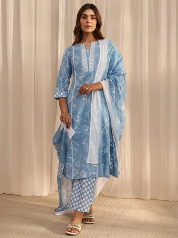 Gerua Blue Floral Printed Cotton Straight Suit Set With Dupatta