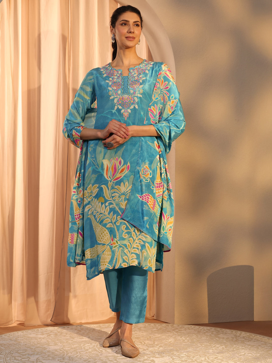 Blue Floral Printed Crepe Straight Suit Set With Dupatta 