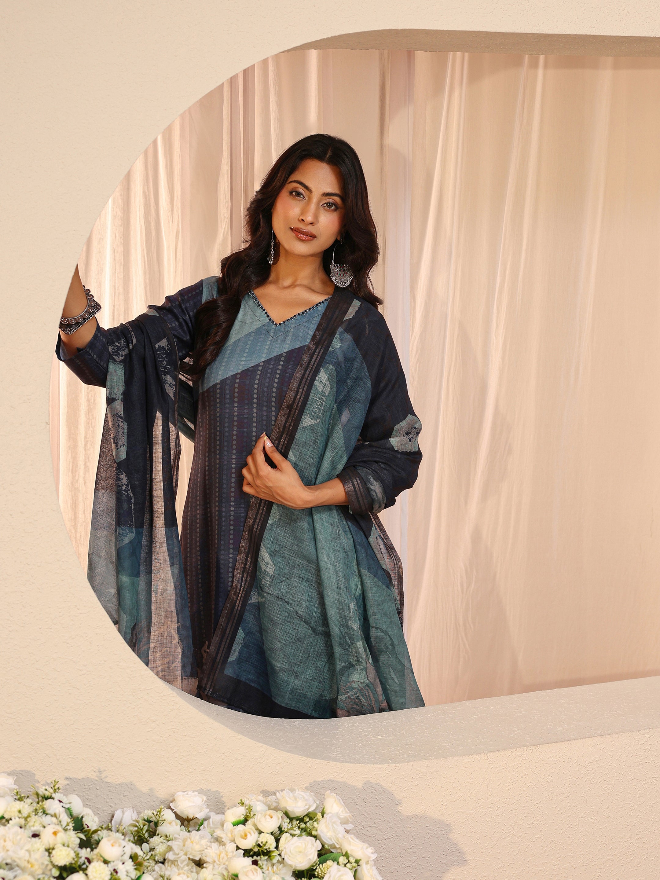 libas Blue Floral Printed Linen Straight Suit Set-picture-20