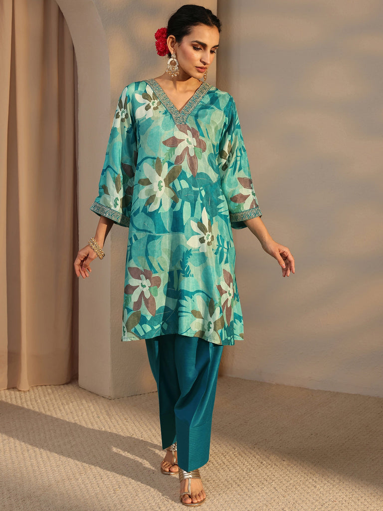 Libas Blue Floral Printed Silk Blend Co-Ord Set