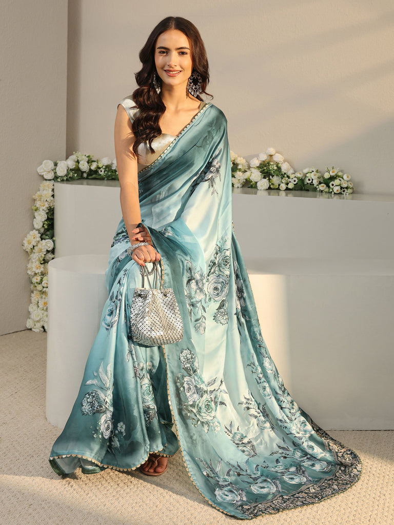 Libas Blue Floral Printed Ombre Chiffon Saree With Unstitched Blouse Piece