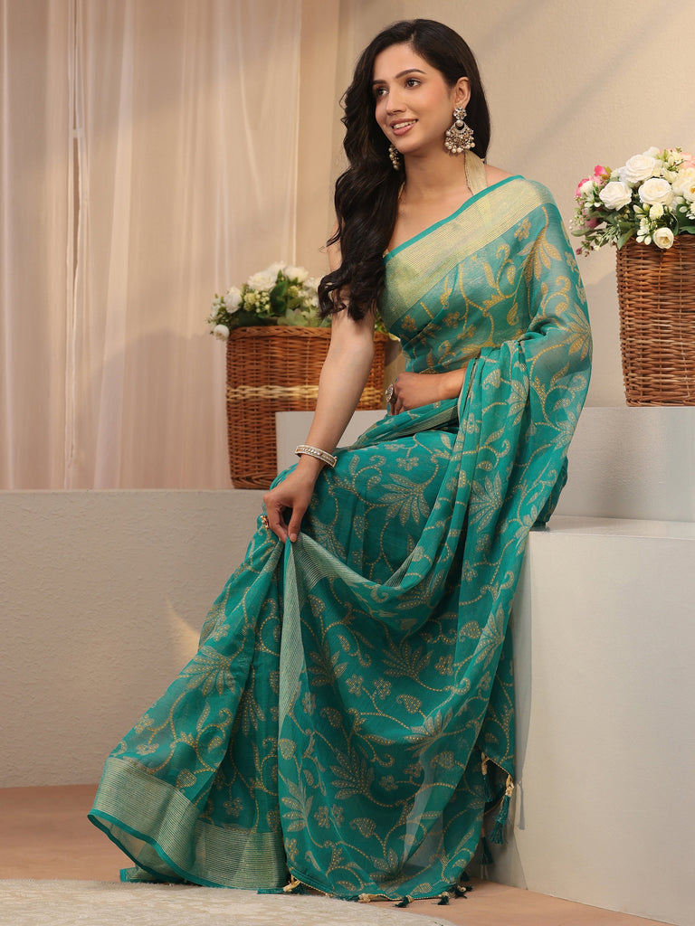 Libas Blue Floral Printed Silk Blend Tassel Saree