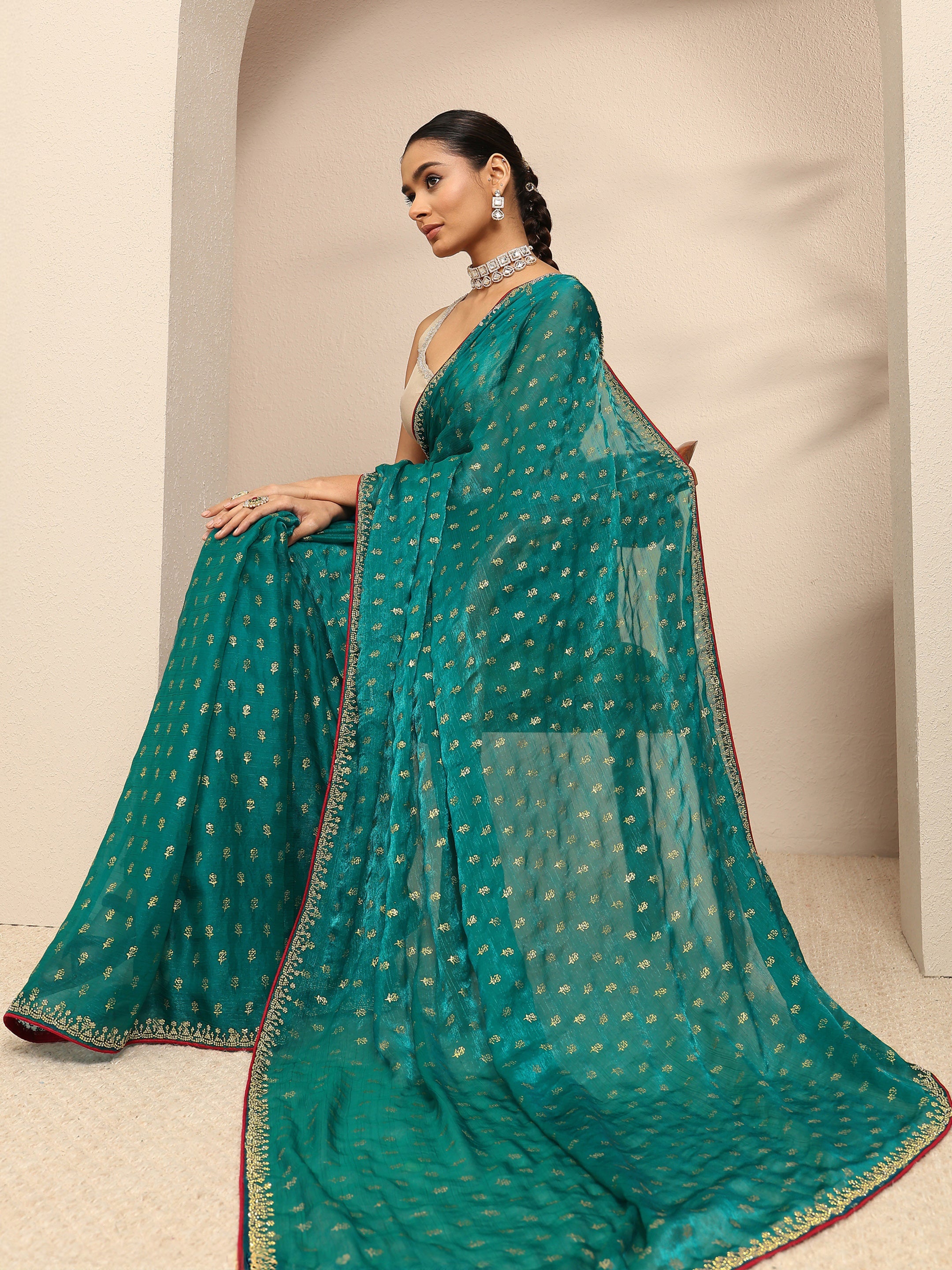 libas Blue Floral Printed Silk Blend Saree With Unstitched Blouse Piece-picture-60