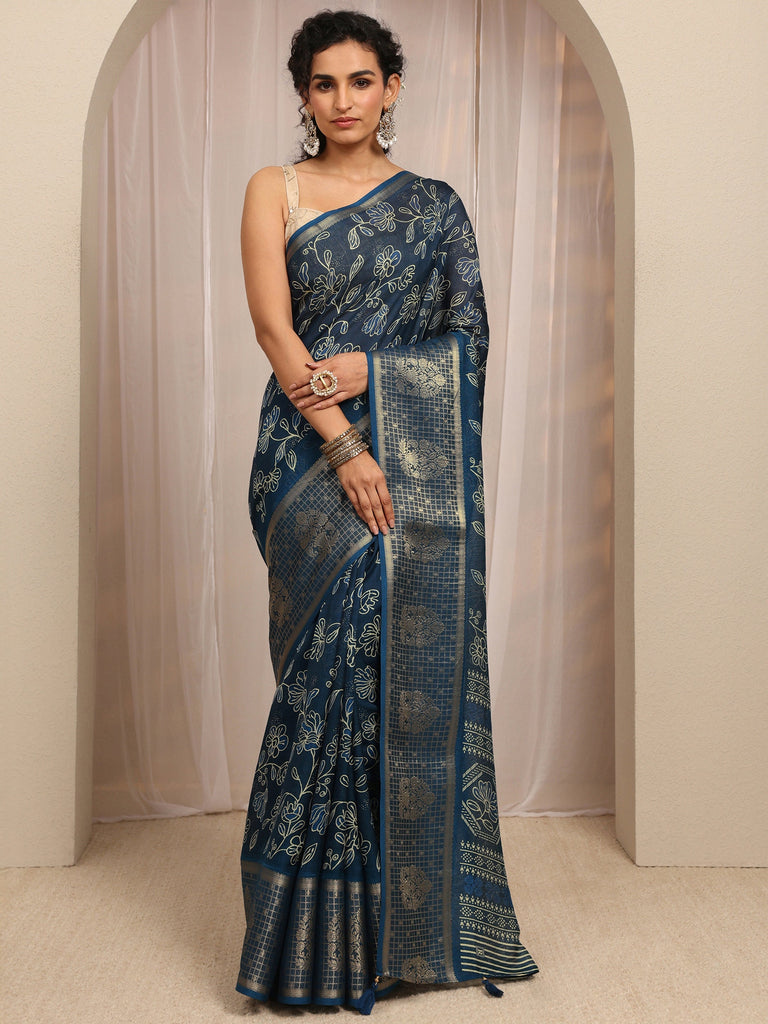 Libas Blue Floral Printed Silk Blend Saree With Unstitched Blouse Piece