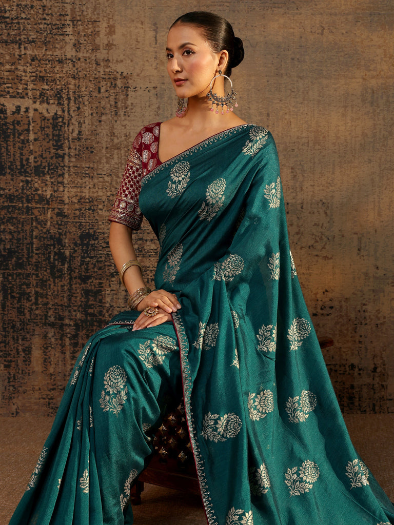 Libas Blue Floral Printed Silk Blend Saree With Unstitched Blouse Piece