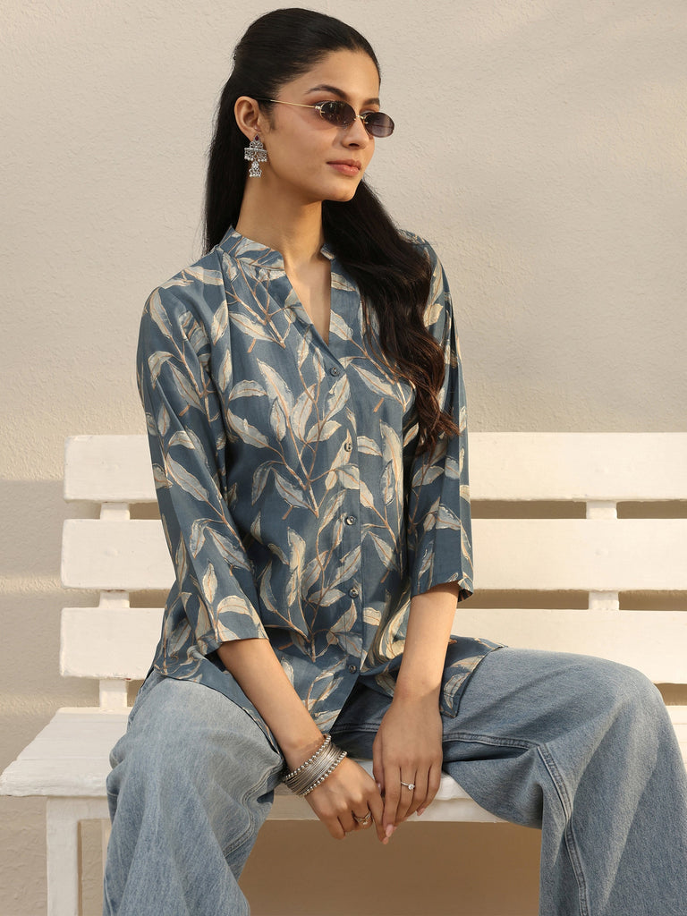Libas Blue Floral Printed Silk Blend Shirt