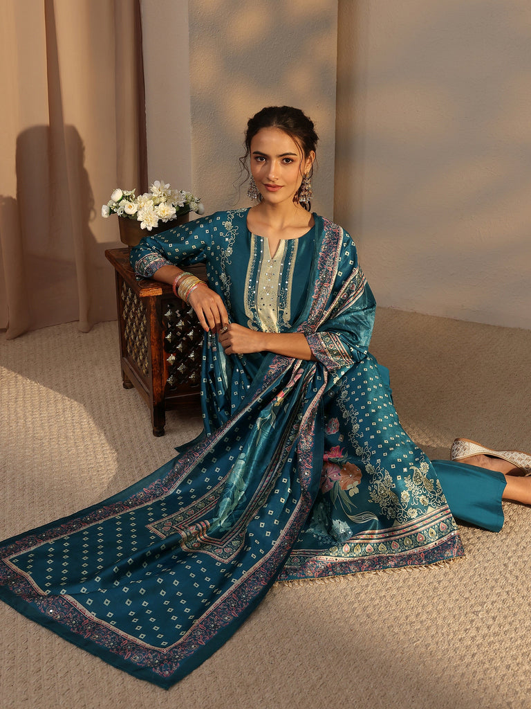 Libas Blue Floral Printed Silk Blend Straight Suit Set With Dupatta