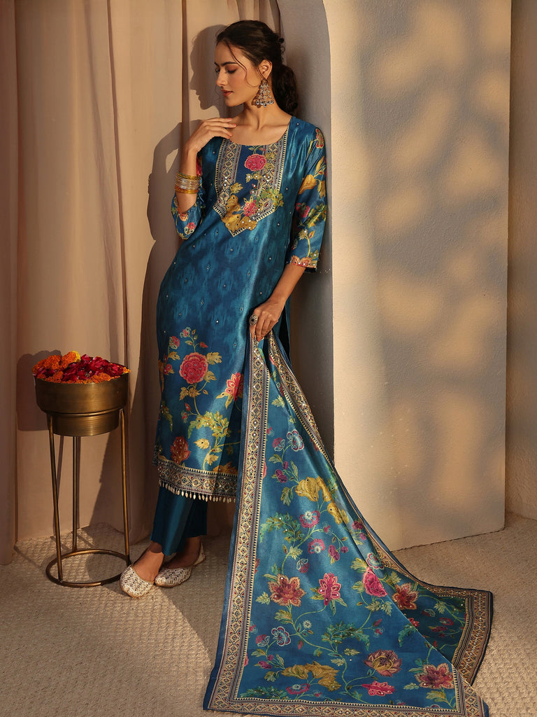 Libas Blue Floral Printed Silk Blend Straight Suit Set With Dupatta