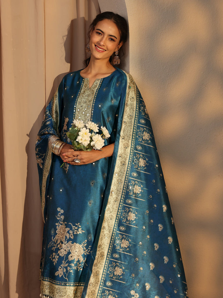 Libas Blue Floral Printed Silk Blend Straight Suit Set With Dupatta