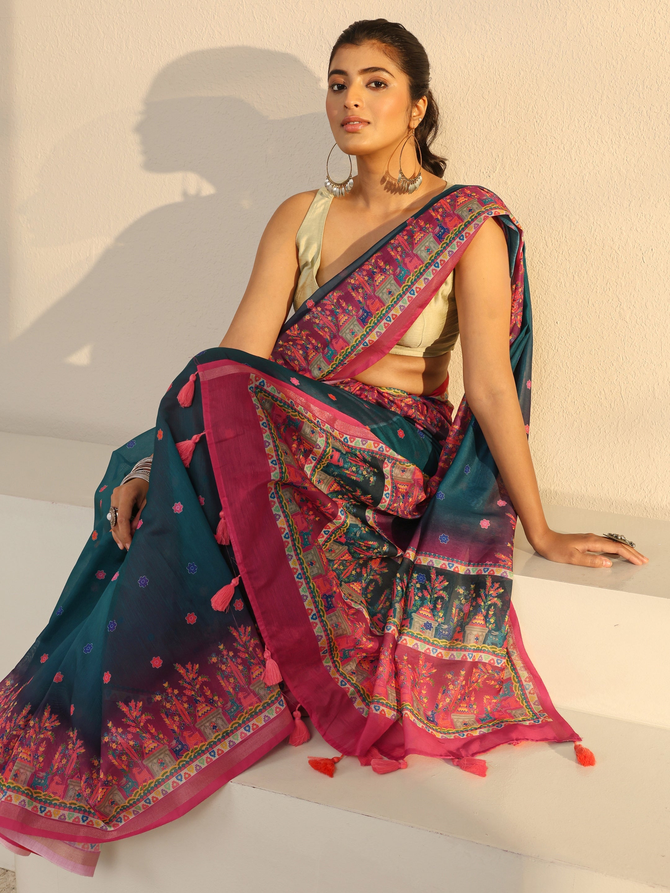 libas Blue Floral Printed Silk Blend Tassel Saree With Unstitched Blouse Piece-picture-39