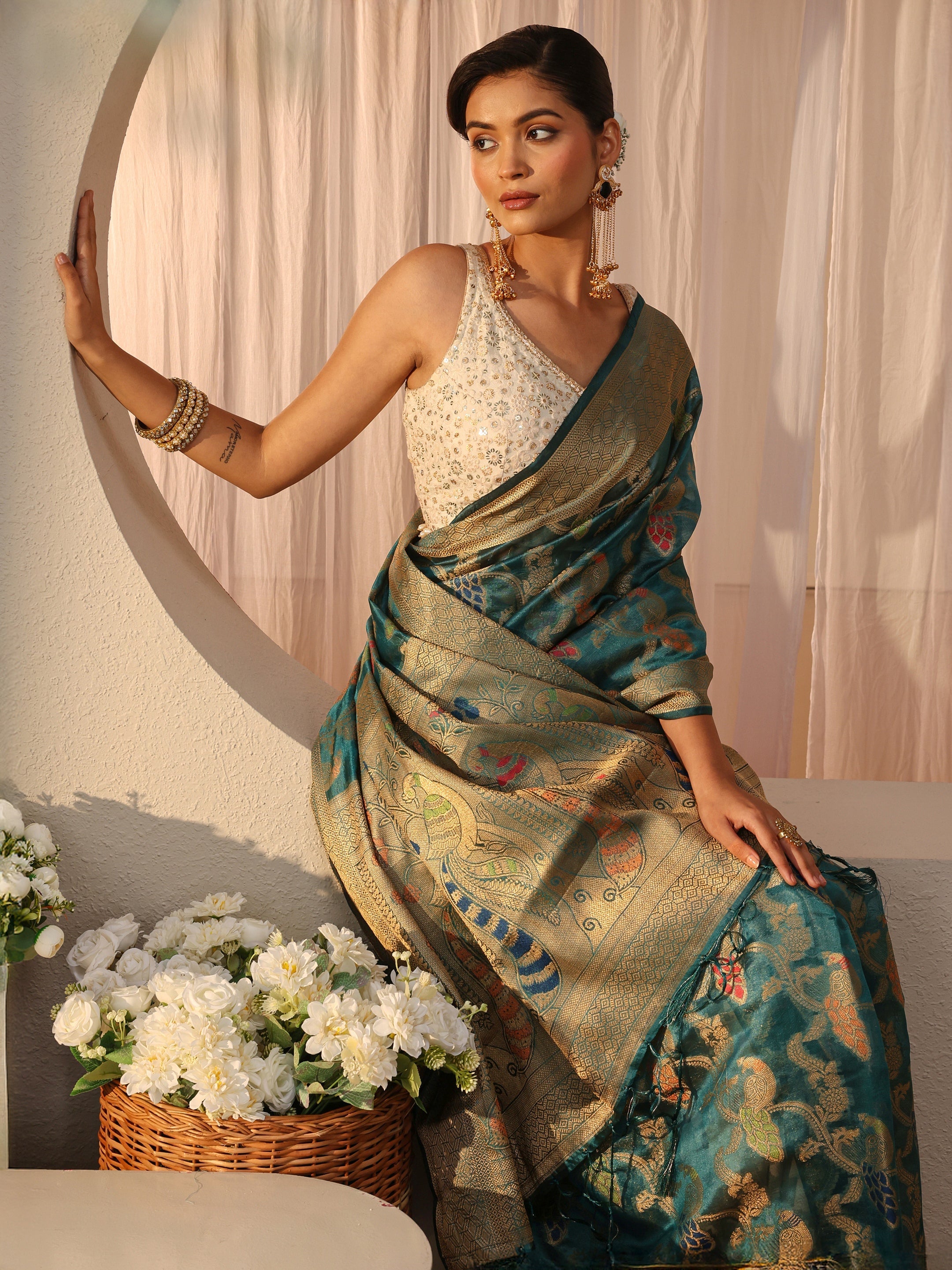 libas Blue Floral Woven Design Silk Blend Saree-picture-12