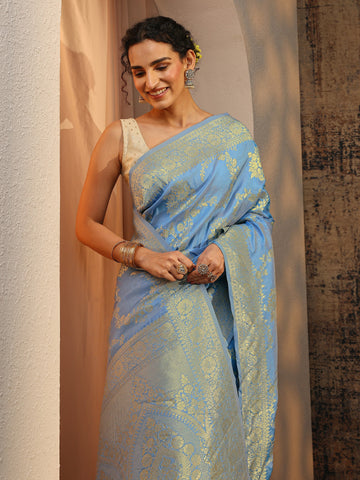 Blue Floral Woven Design Silk Blend Saree With Unstitched Blouse Piece