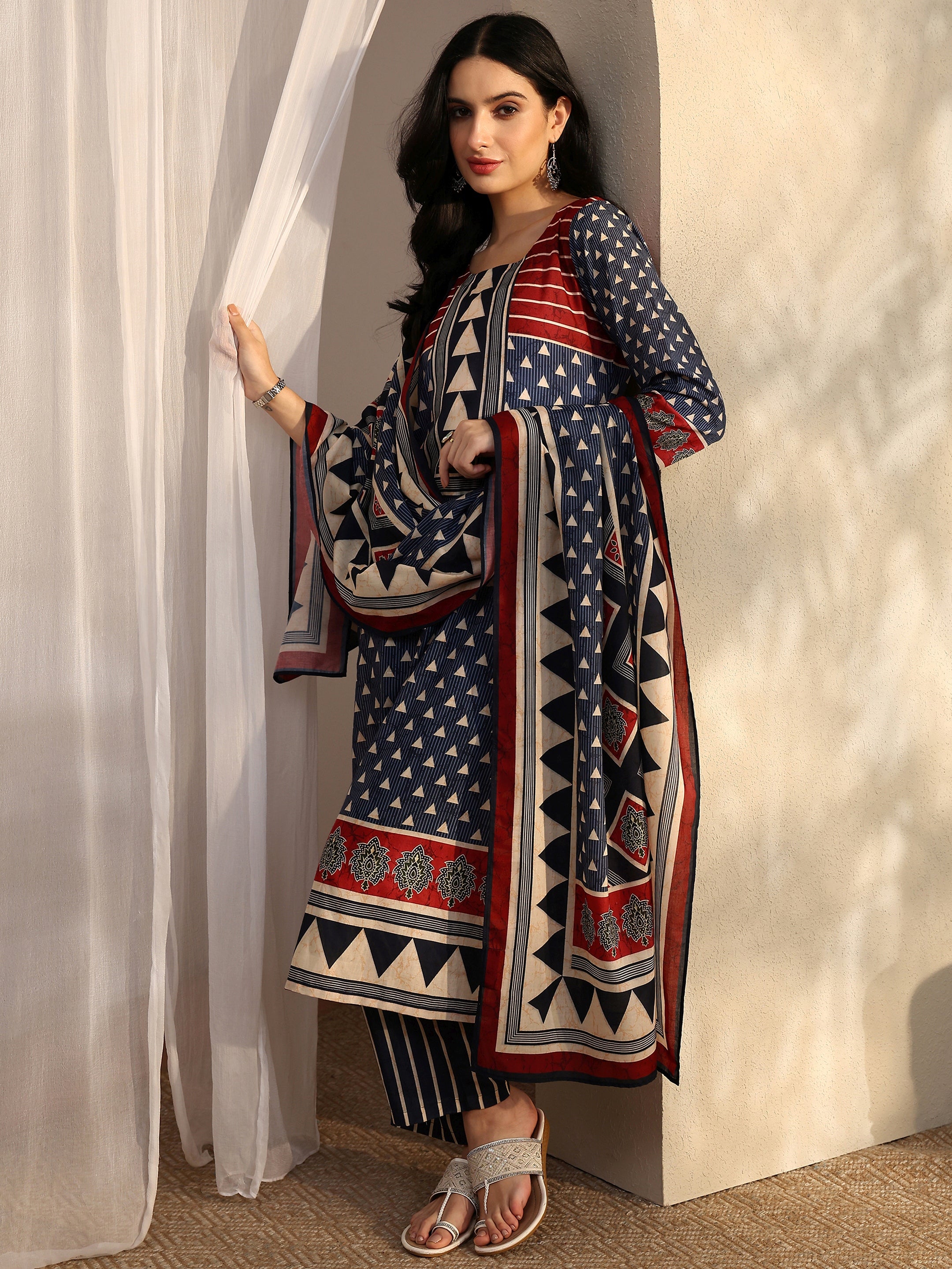 libas Blue Geometric Printed Cotton Blend Straight Suit Set With Dupatta-picture-49
