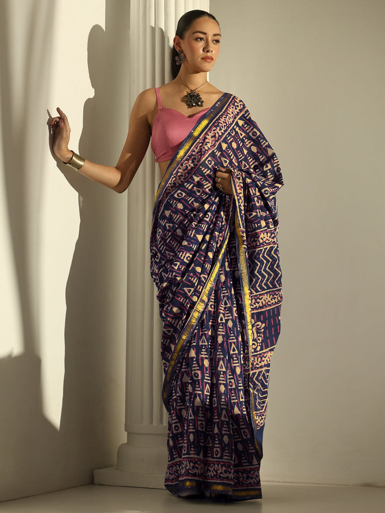 Libas Blue Geometric Printed Cotton Saree