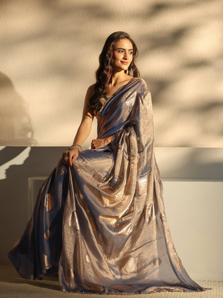 Libas Blue Geometric Printed Tissue Saree With Unstitched Blouse Piece