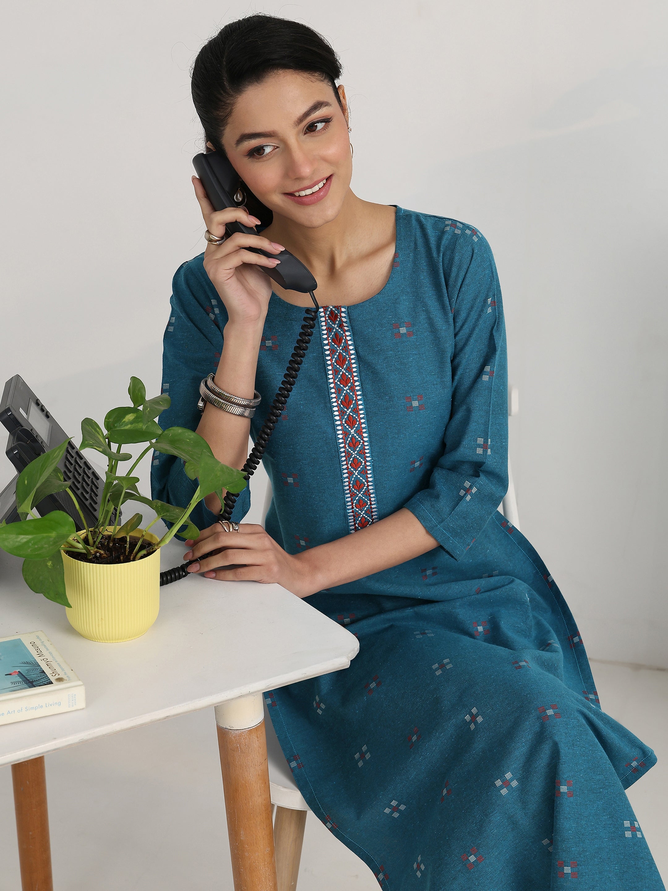 libas Blue Geometric Woven Design Cotton Blend Straight Kurta Set-picture-56