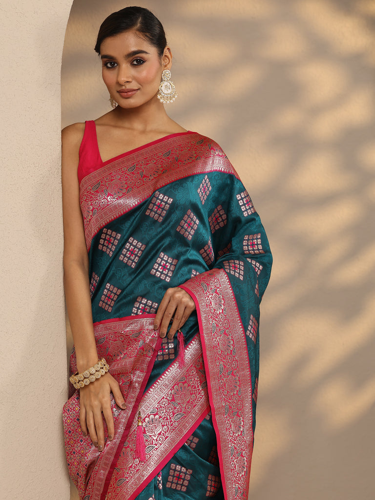 Libas Blue Geometric Woven Design Silk Blend Saree With Unstitched Blouse Piece