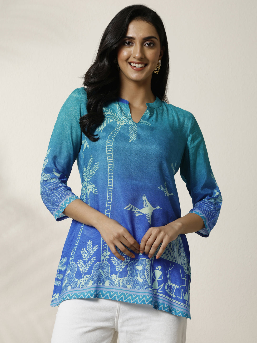 Blue Humanoid Printed Muslin Straight Short Kurti
