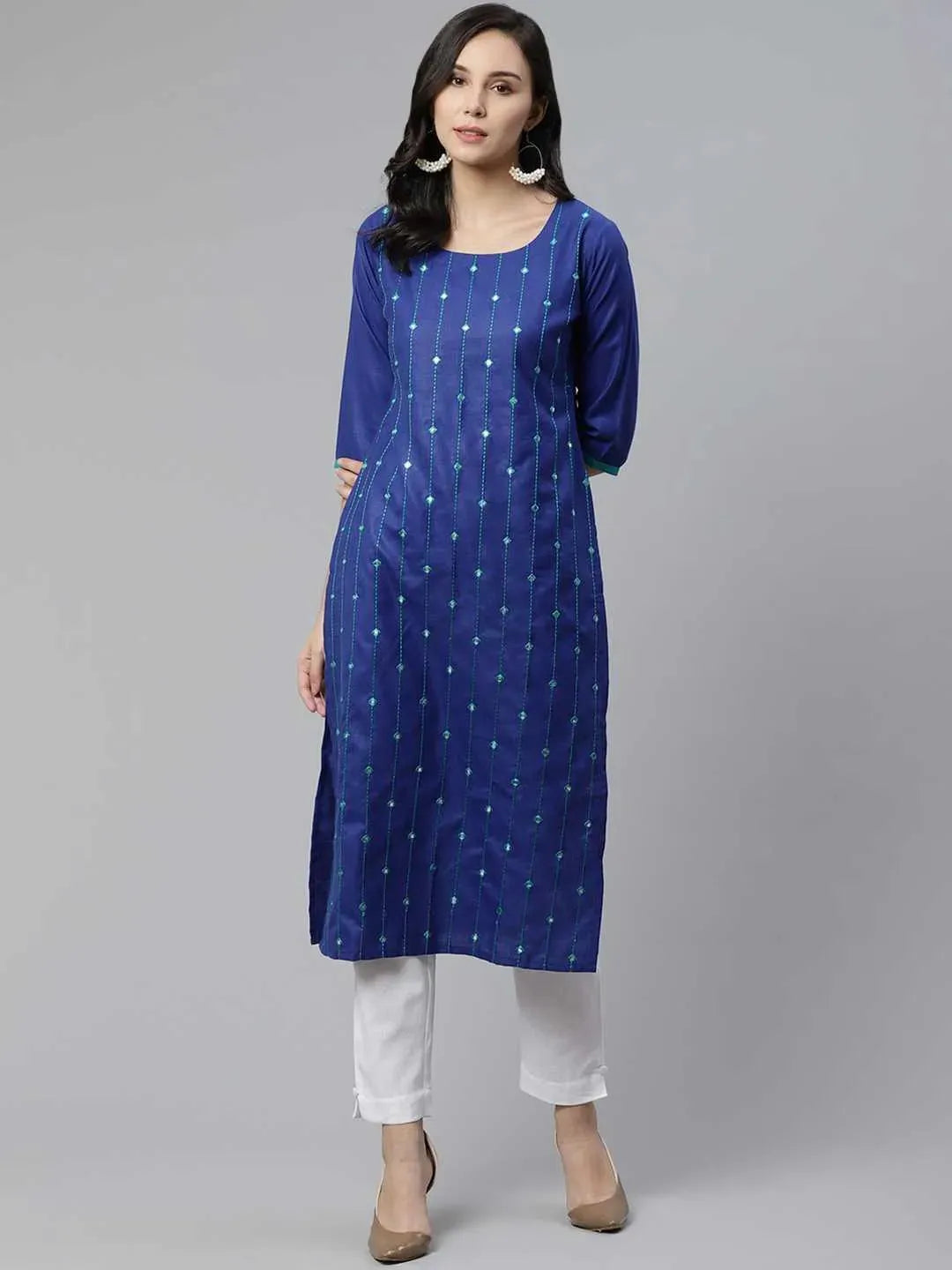 Blue Mirror Work Cotton Kurta - Libas 