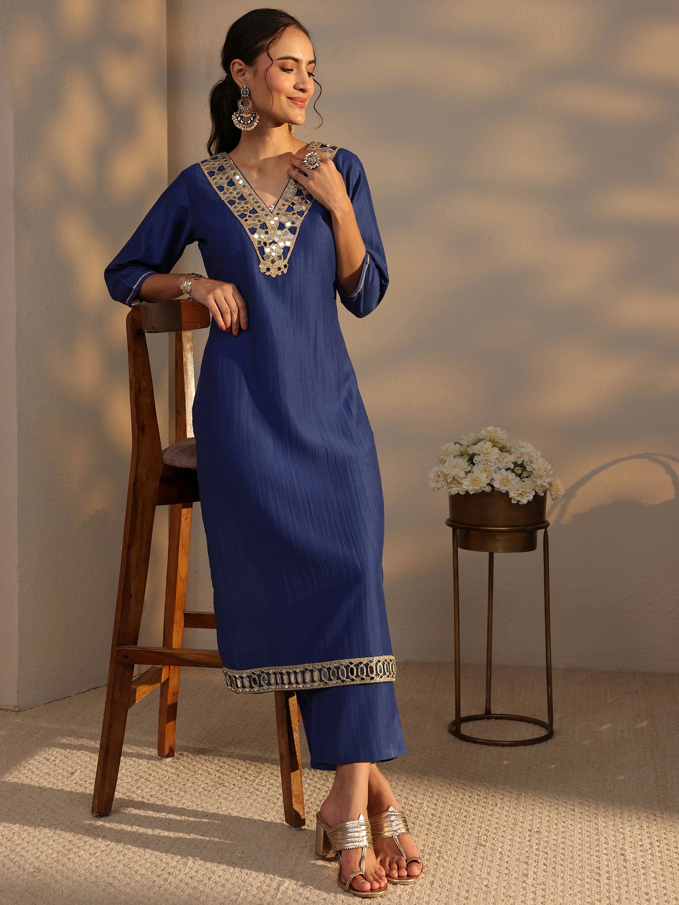 Blue Mirror Work Yoke Design Silk Blend Straight Kurta Set-image-49