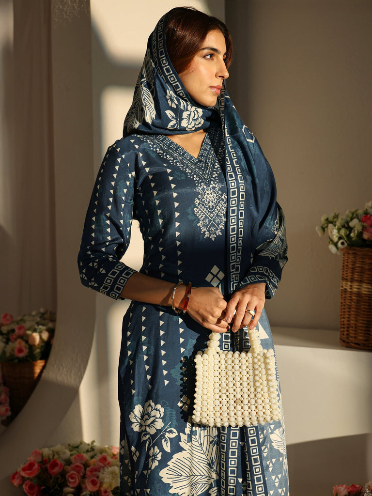 Libas Blue Multi Printed Cotton Blend Straight Suit Set With Dupatta