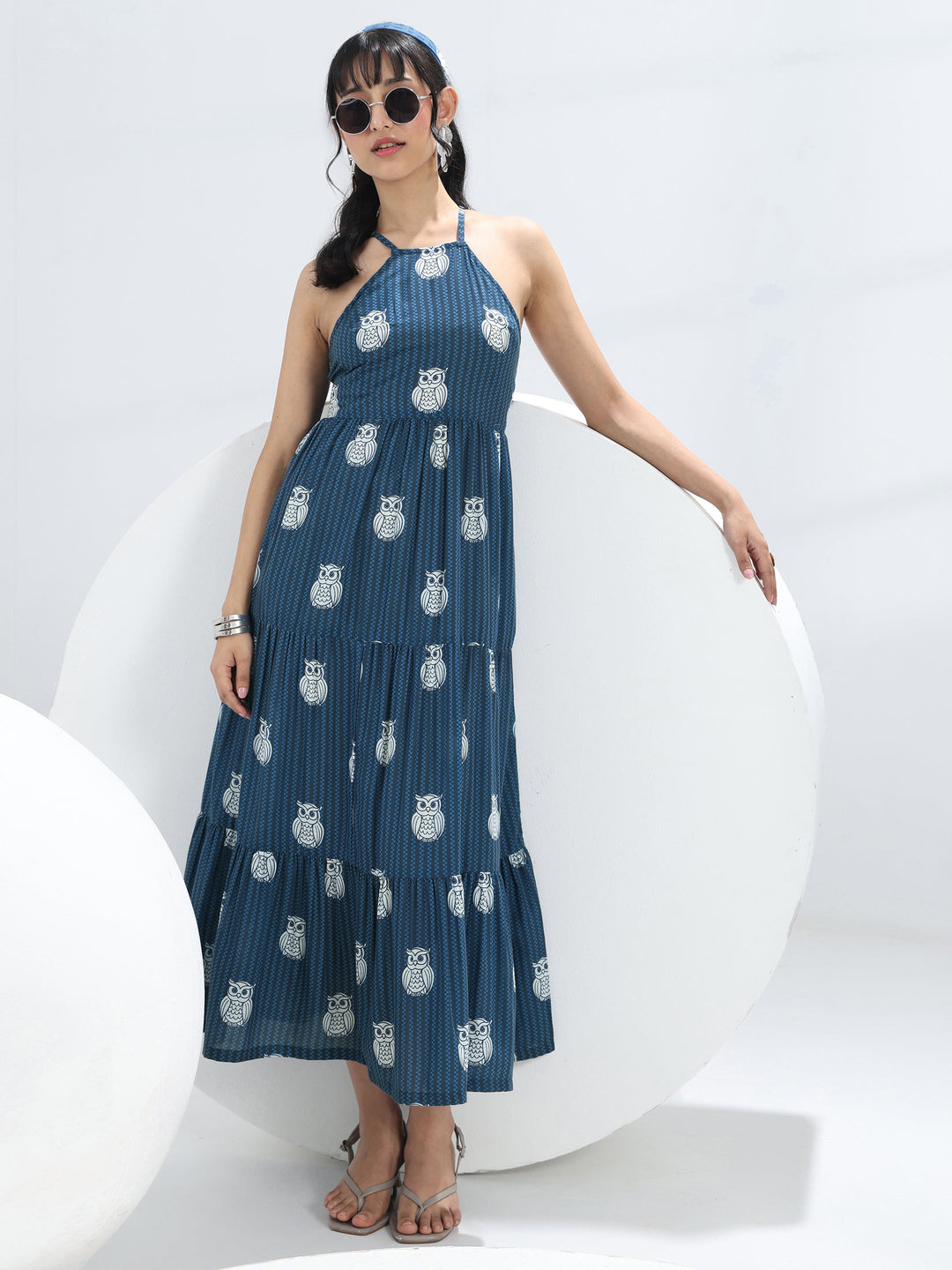  Blue Owl Printed Fit-And-Flare Cotton Blend One-Piece Tiered Dress 