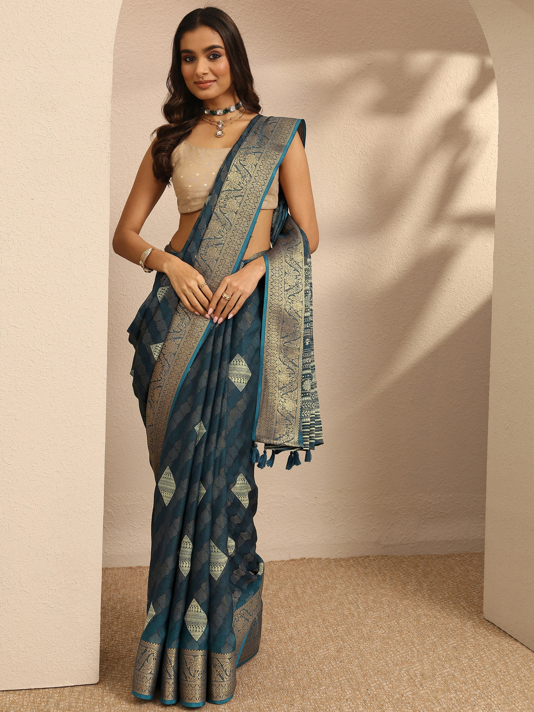  Blue Paisley Woven Design Georgette Saree With Unstitched Blouse Piece 