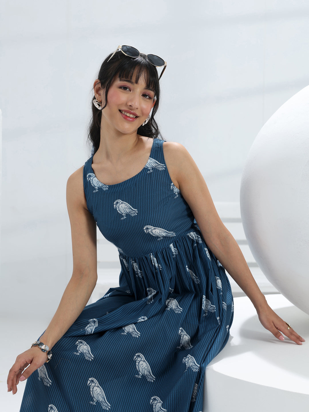  Blue Parrot Printed Fit-And-Flare Cotton Blend One-Piece Dress 