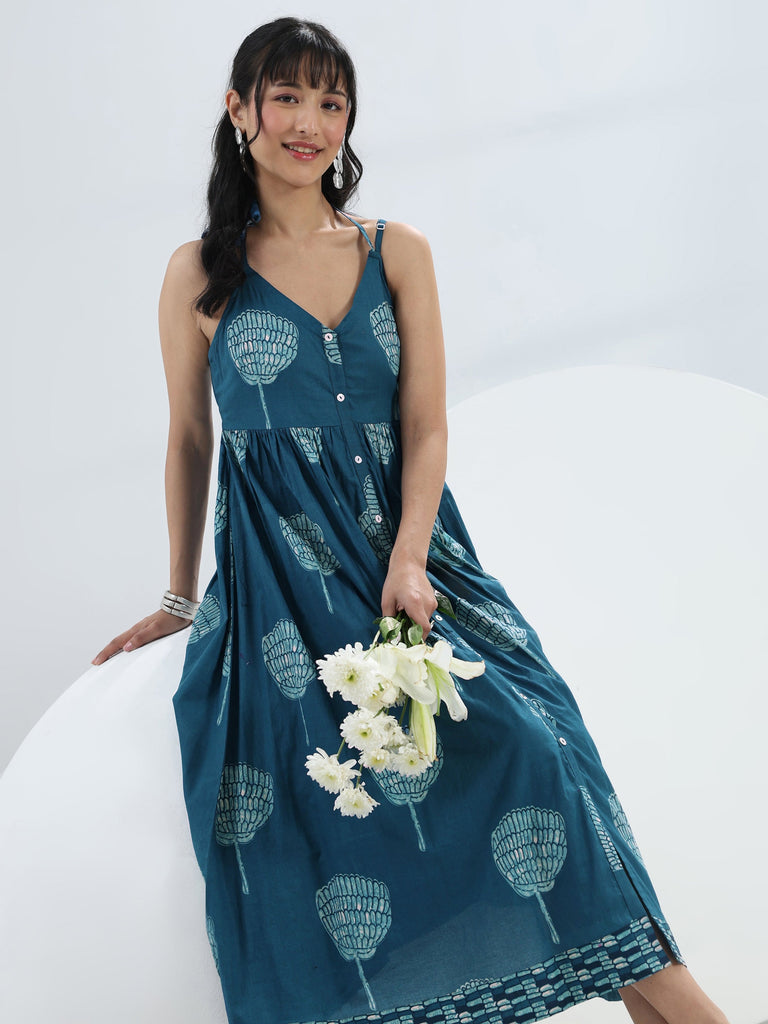 Libas Blue Printed A-Line Cotton One-Piece Dress