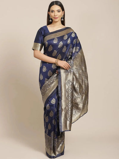 Blue Printed Brocade Saree - Libas