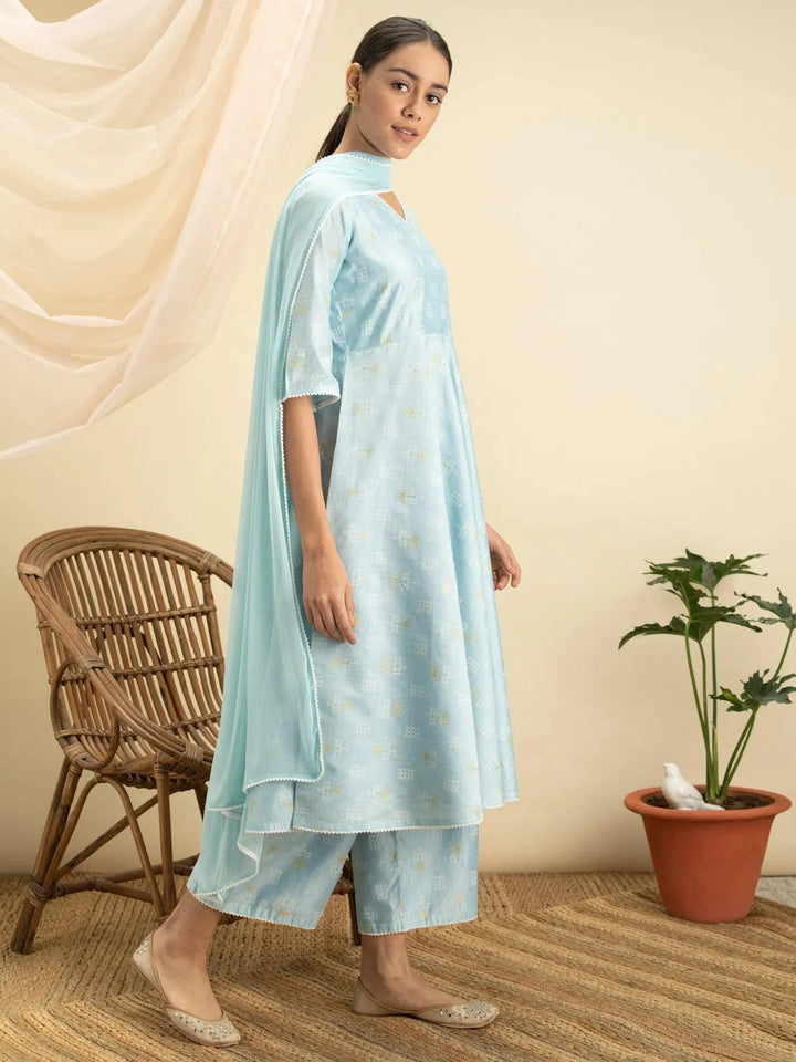 Blue Printed Chanderi Silk Suit Set - Libas