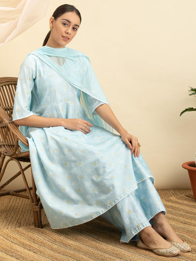 Blue Printed Chanderi Silk Suit Set - Libas